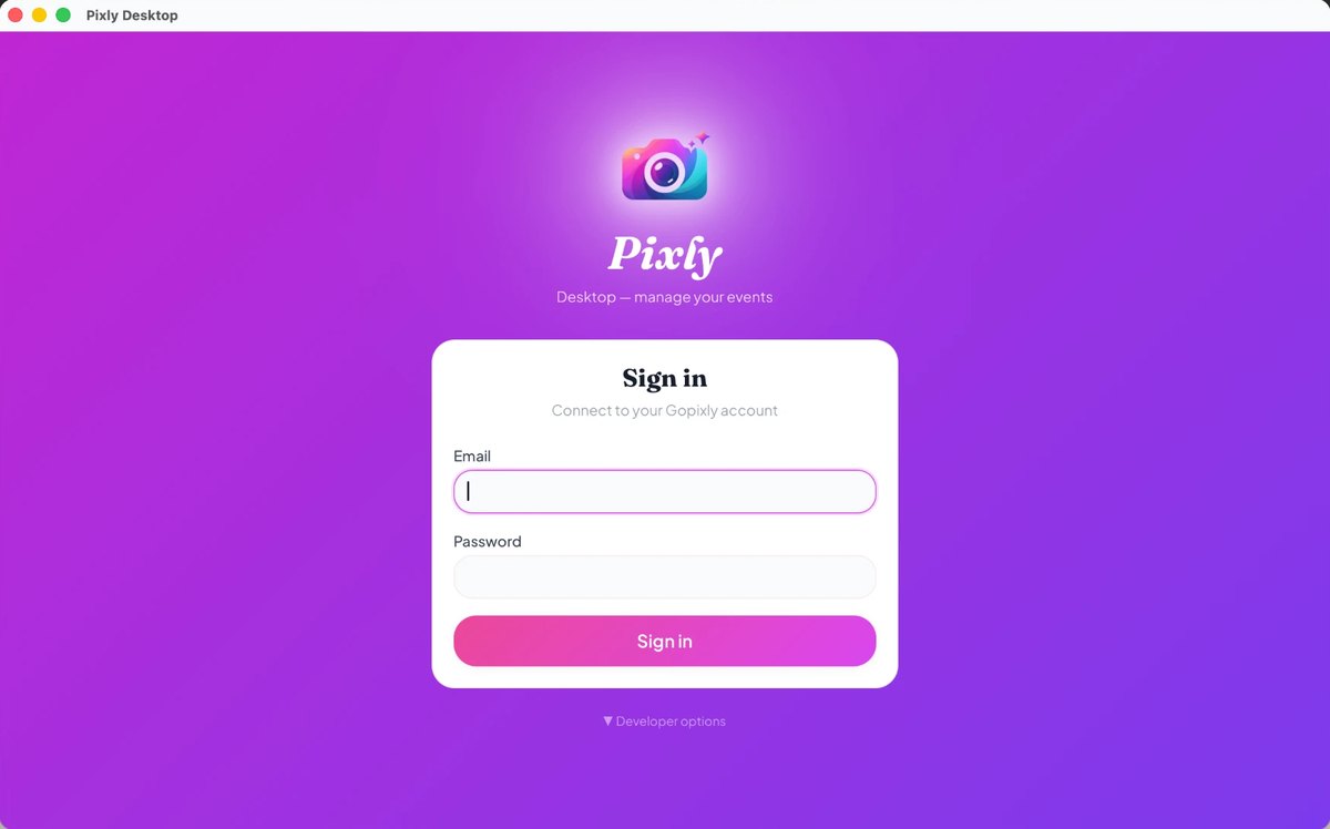 Pixly Desktop sign-in screen