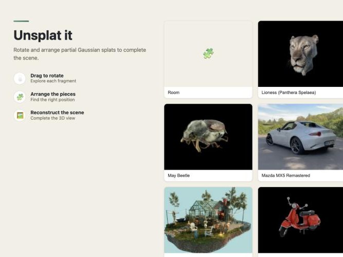 Unsplat it home screen with six Gaussian splat scenes