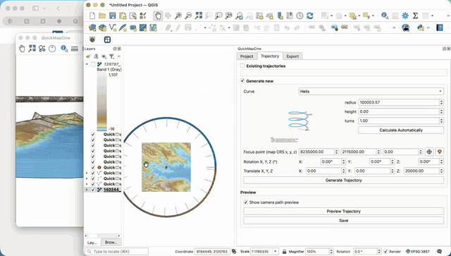 QuickMapCine demo: 3D terrain flythrough in QGIS